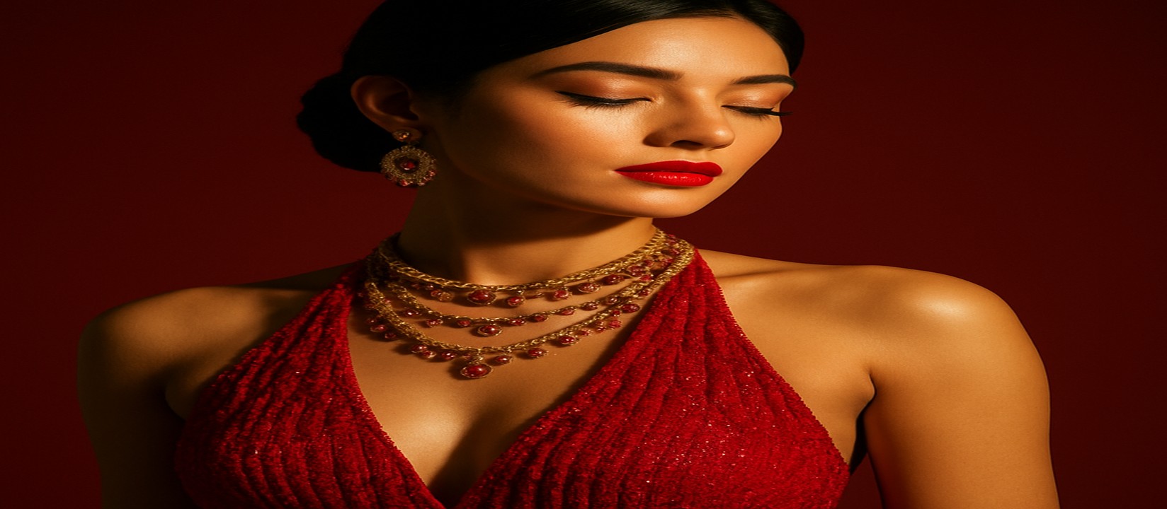 mn777 গেমিং প্ল্যাটফর্মের টেবিলে লাল পোশাক পরা এক নারী উপস্থাপক