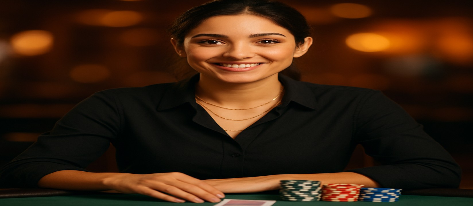 mn777-এ একটি হাসিখুশি নারী ডিলার কার্ড টেবিলে চিপ ও কার্ড সামনে রেখে বিস্তৃত গেমের সমাহার উপস্থাপন করেন