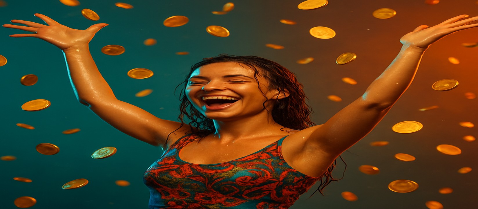 মুদ্রার ঝরনার মাঝে mn777-র ডিজাইন করা রঙিন পোশাকে এক নারী
